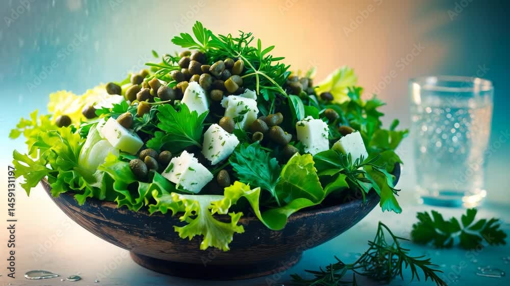 A revitalizing salad of herbs featuring lettuce, parsley, and tarragon, adorned with capers and crumbled cheese, paired with water