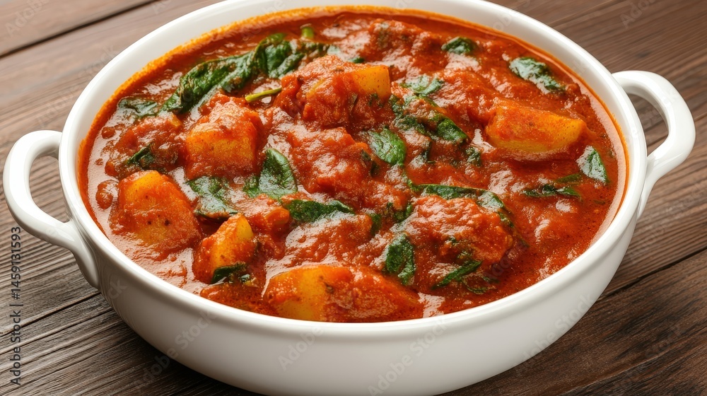 A bowl of rich, spicy curry with potatoes, spinach, and a tomato-based sauce served in a white dish on a wooden table. A bowl of rich, spicy curry with potatoes, spinach, and a tomato-based sauce served in a white dish on a wooden table.