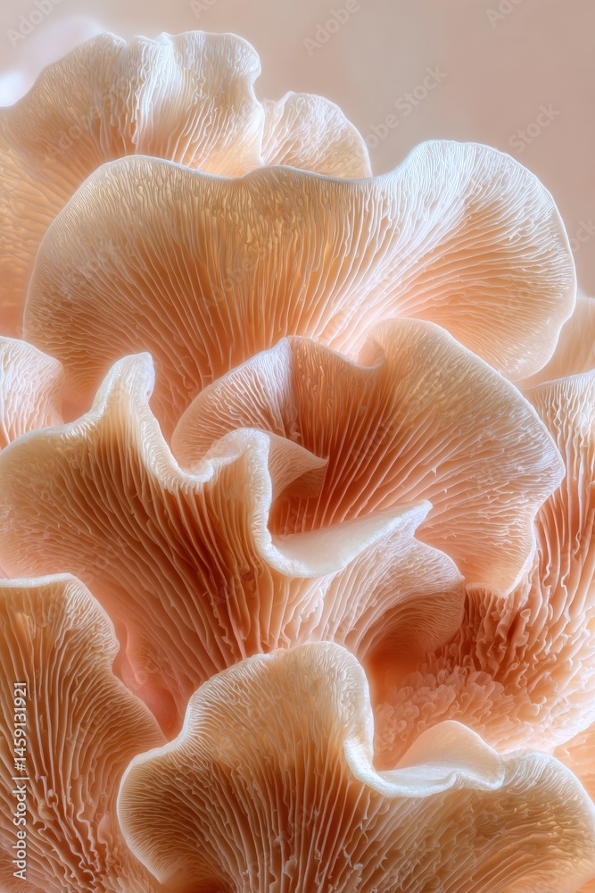 Close-up of delicate, peach-colored mushroom gills showing intricate textures and organic patterns.