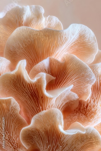 Obraz na płótnie Close-up of delicate, peach-colored mushroom gills showing intricate textures and organic patterns. w salonie