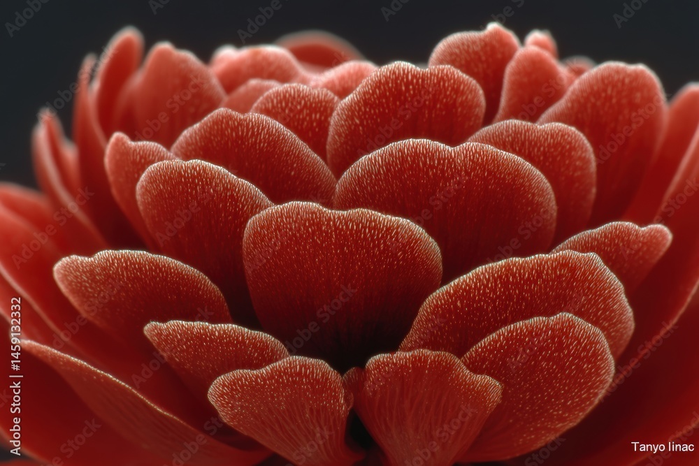 A close-up image of a red flower with detailed, velvety petals layered in soft focus.