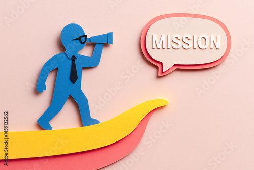 Blue paper cutout of business person with tie holding telescope symbolizing business vision and planning for mission success on pastel background