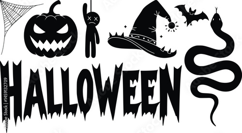 Halloween graphic featuring a spooky carved pumpkin, a dangling voodoo doll, and a witch’s hat with hanging spider