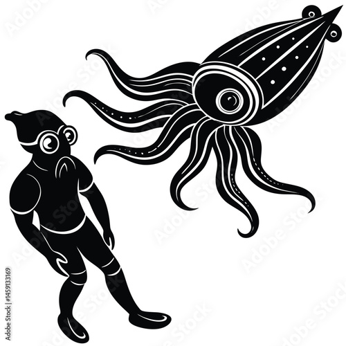 Scuba diving vector silhouette illustration Diver watching cuttlefish