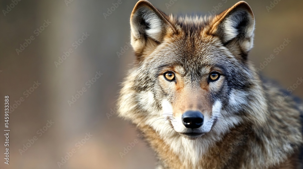 Fototapeta premium Close-up portrait of a majestic red wolf, its amber eyes piercing, fur a mix of gray, brown, and reddish hues, set against a softly blurred forest background. : Generative AI