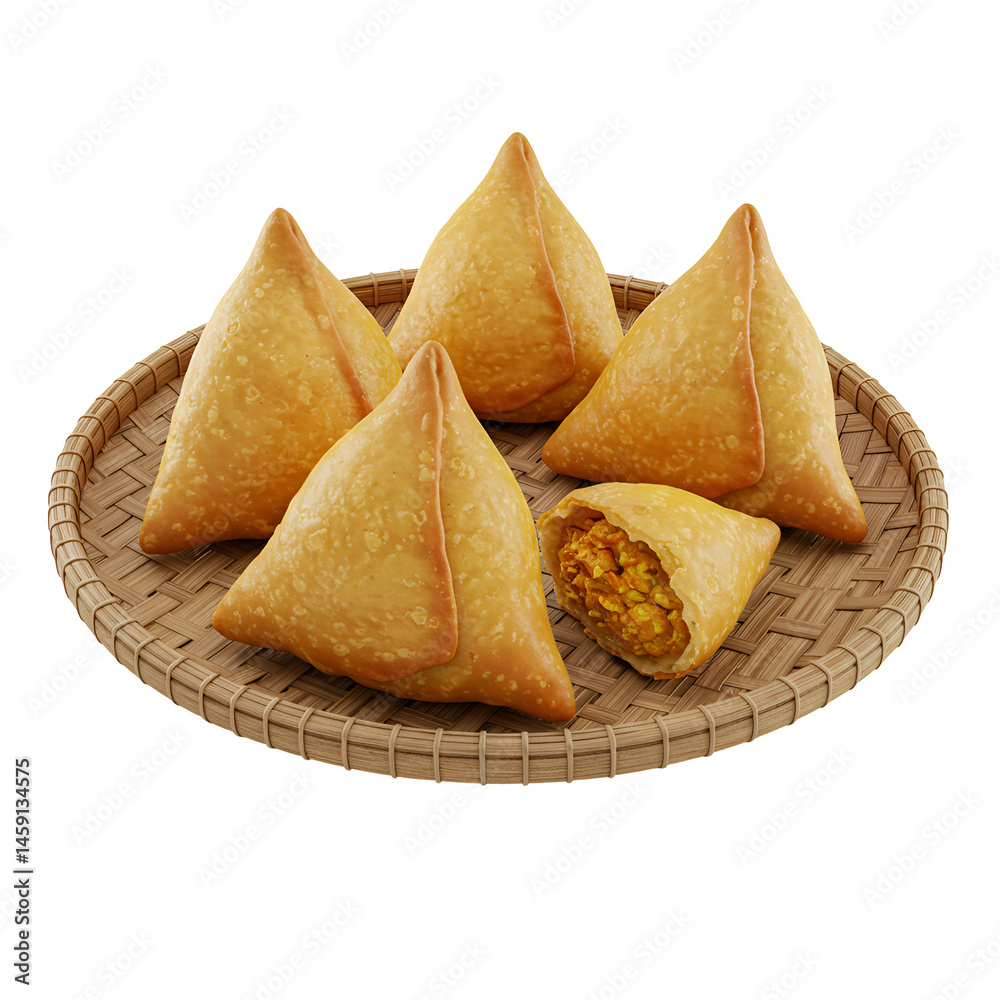 Sambos (Malagasy‑Style Samosas) on a Woven Platter – Savory Snack Illustration Sambos (Malagasy‑Style Samosas) on a Woven Platter – Savory Snack Illustration