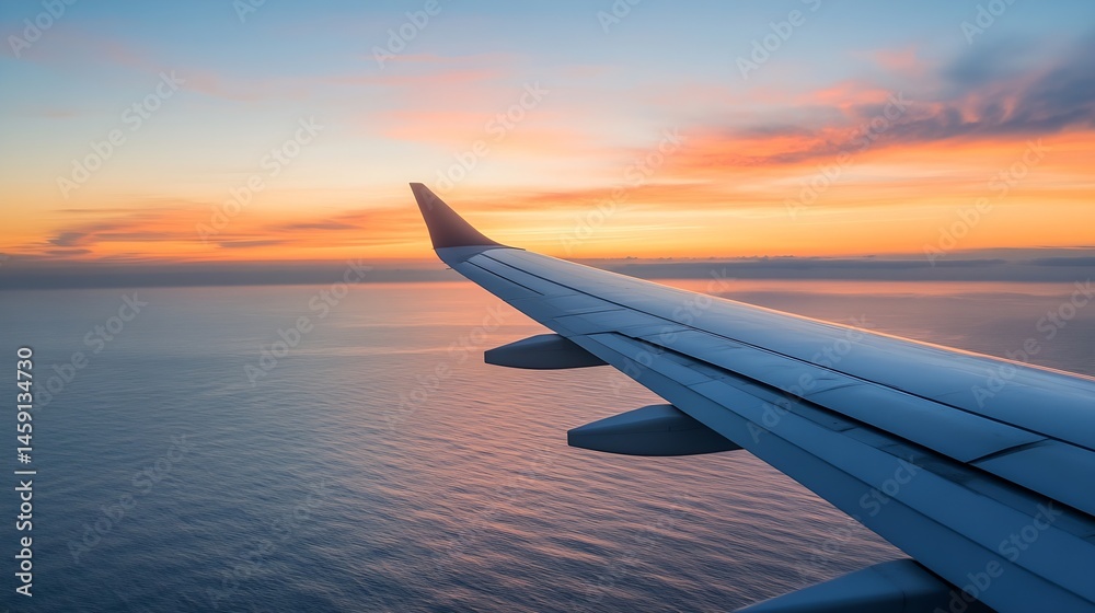Fototapeta premium Airplane wing view during sunset over ocean, showcasing vibrant orange and pink hues in the sky, with calm blue water below. : Generative AI