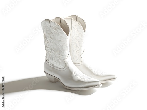 Western Style Fashion: White Cowboy Boots with Vintage Textile Design and Detailed Stitching