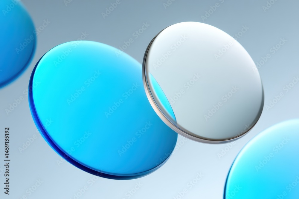 Transparent and blue optical lenses floating on a light blue background with a clean, modern look.