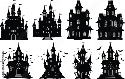 Spooky haunted house silhouettes featuring eerie towers, flying bats, and gothic architecture