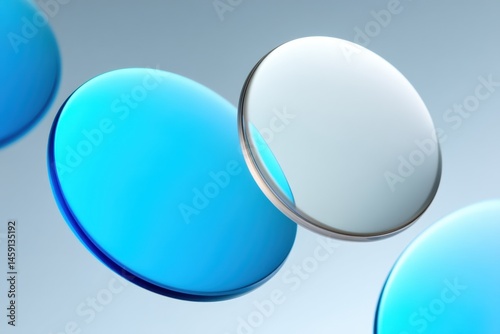 Obraz na płótnie Transparent and blue optical lenses floating on a light blue background with a clean, modern look. w salonie