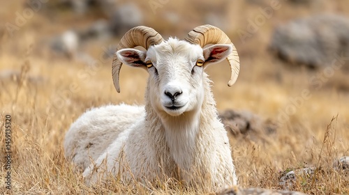 Majestic white ram with large horns rests in dry, golden grass, showcasing its thick fleece and intense gaze. : Generative AI