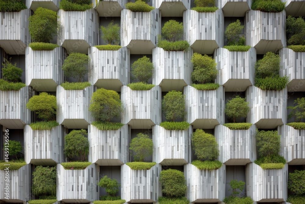 A modern building facade with geometric balconies filled with lush green plants, showcasing a blend of architecture and nature.