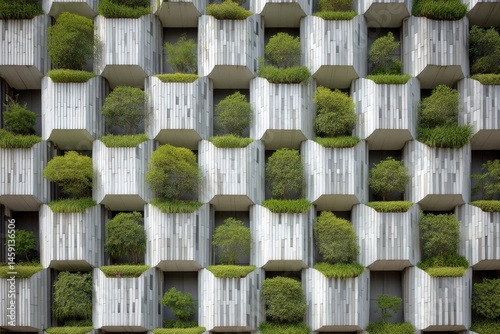 Obraz na płótnie A modern building facade with geometric balconies filled with lush green plants, showcasing a blend of architecture and nature. w salonie