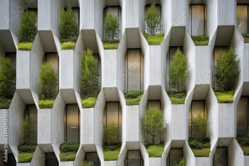 Modern building facade with geometric balconies featuring lush greenery and small trees, blending architecture with nature.