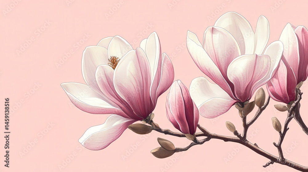 Obraz premium Magnolia branch with blooming pink flowers on a light pink background. Perfect for adding elegant floral design to your creative projects.