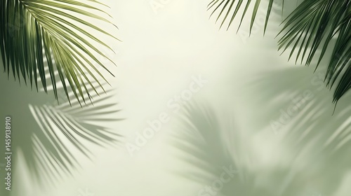 Light and shadow play of tropical leaves on a pale background.