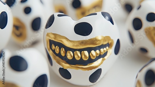 Heart-shaped ceramic objects with polka dots and gold teeth