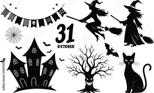 Halloween silhouettes featuring flying witches, a haunted house, a spooky tree, a black cat, and eerie bats