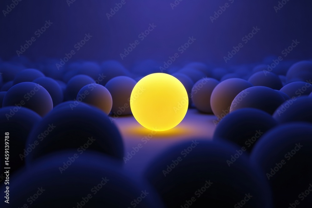 A glowing yellow sphere stands out among many dark blue spheres in a softly lit, abstract environment.