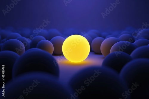 Obraz na płótnie A glowing yellow sphere stands out among many dark blue spheres in a softly lit, abstract environment. w salonie