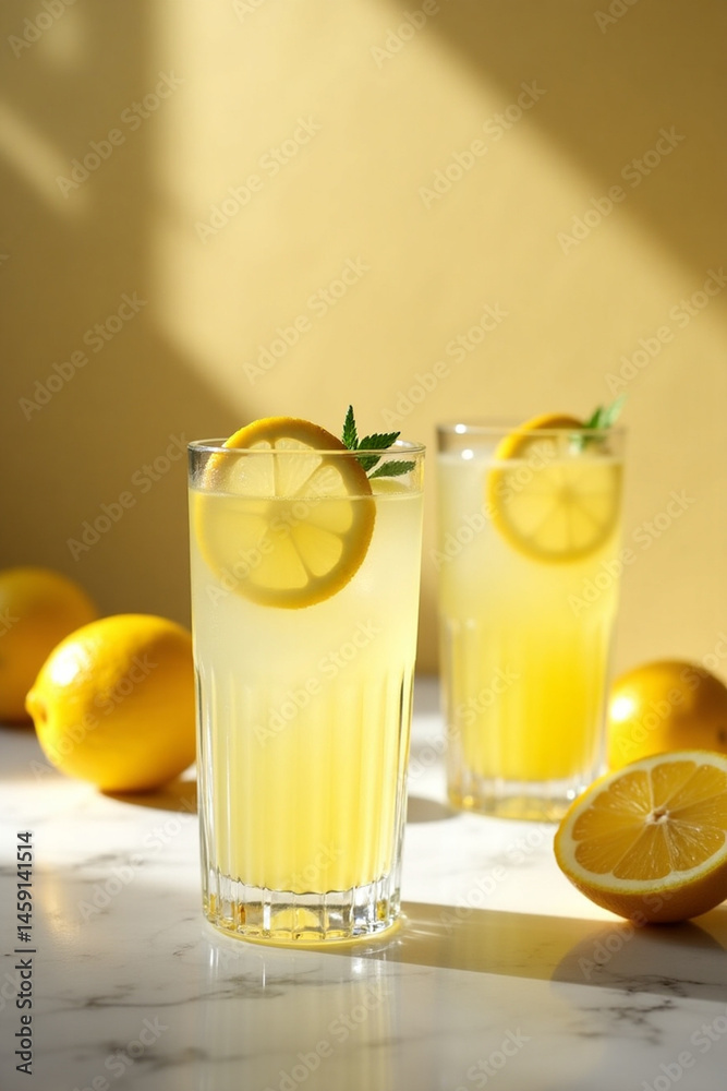 Glass of fresh made lemonade on the table, summer refreshing drink, detox, diet and healthy lifestyle concept. Glass of fresh made lemonade on the table, summer refreshing drink, detox, diet and healthy lifestyle concept.