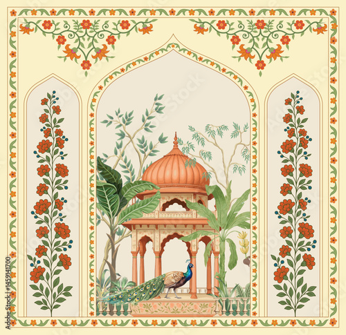 Traditional Mughal wallpaper with flower wall design. Luxury Mughal Architecture with jungle Wall Mural Background.