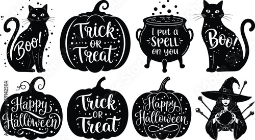 Halloween themed black and white illustrations featuring spooky cats, enchanted pumpkins, eerie cauldron, and mystical witch