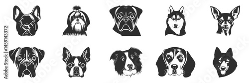 Dog Breed Silhouettes Set. Diverse Canine Faces In Black And White Isolated Vector Illustration Collection
