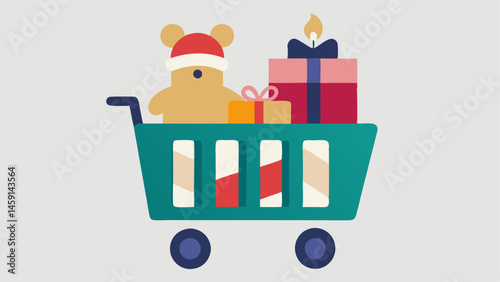 Shopping Cart with Gifts A whimsical shopping cart filled with assorted holiday gifts including a plush toy candles and a cozy sweater all peeking out.