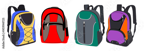 Set of backpacks isolated on white background. Colorful, multi-colored sports, tourist and women's backpacks of various colors. Cartoon style. Vector realistic illustration.