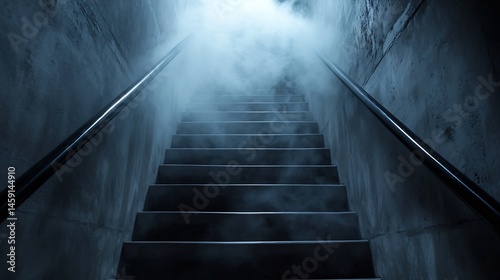 Mysterious stairway shrouded in fog  dark concrete walls  metal handrails  leading upwards into an unknown space  creating an eerie and suspenseful atmosphere.   Generative AI