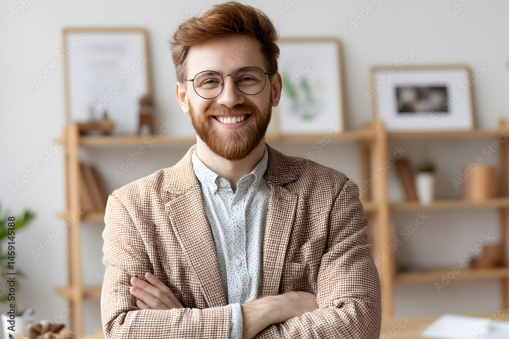 Naklejka premium Smiling young man with glasses, casual style in cozy workspace, relaxed atmosphere perfect for personal branding or team profiles.