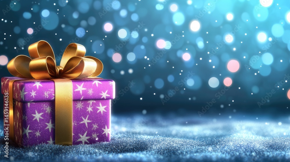 Festive gift box, nestled in snow, with golden ribbon and sparkles
