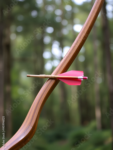 Wooden bow with an arrow nocked against a bokeh forest background. Concept of archery, traditional tools, sport equipment, nature