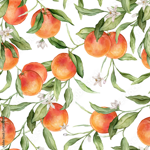 Seamless pattern with watercolor illustration of grapefruit with white flowers. Hand painted print with grapefruit branche with green leaves on isolated. Citrus food for wrapping paper, textile design