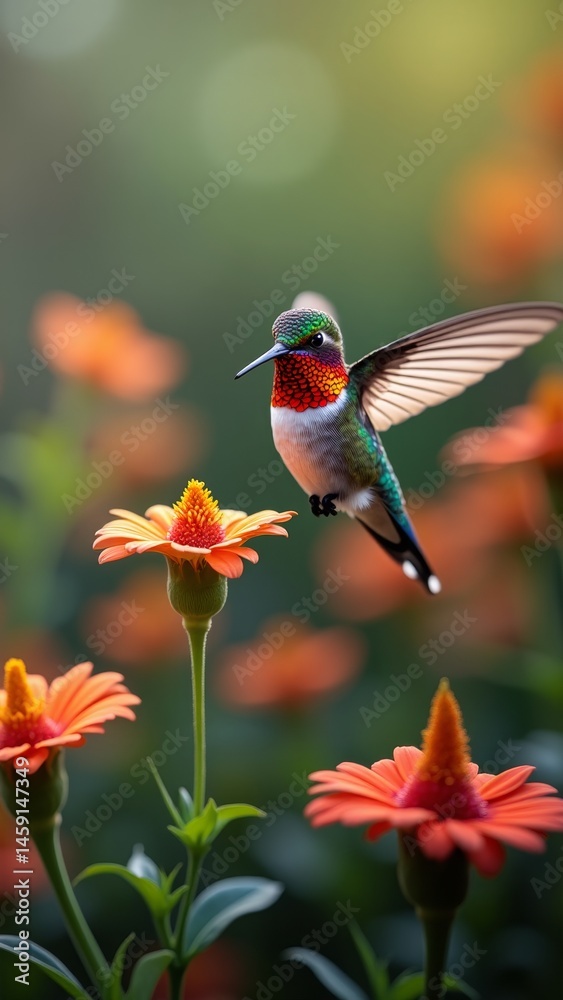 Fototapeta premium A hummingbird perches on a flower or Hummingbird resting on a daisy