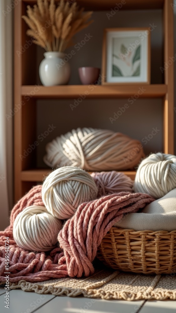 A neatly organized craft corner with yarn balls, baskets, and a shelf A neatly organized craft corner with yarn balls, baskets, and a shelf