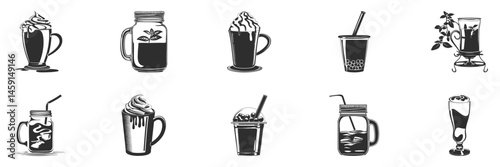 Various Beverage Silhouettes Set. Coffee, Tea, And Bubble Tea Illustrations Isolated Vector Illustration Collection