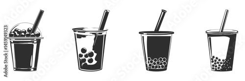 Bubble Tea Cup Silhouette Set. Variety Of Bubble Tea Drinks With Tapioca Pearls And Straws. Isolated Vector Illustration Collection