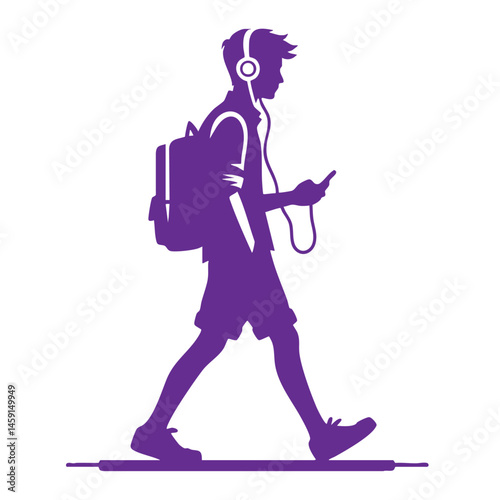 Silhouette of a Teenager Walking and Listening to Music