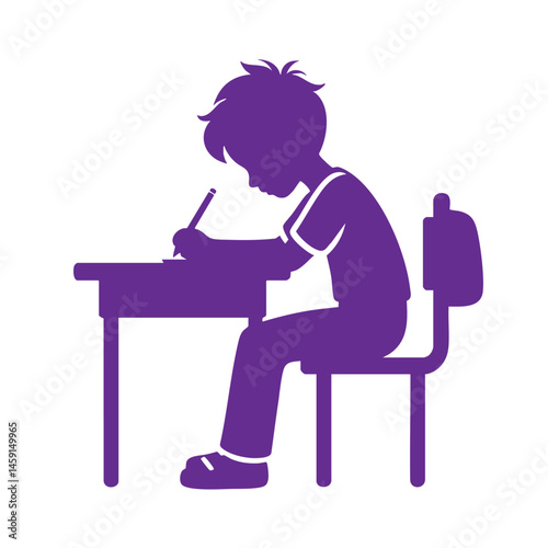 A Silhouette of a Schoolchild Seated at a Desk, Pensively Writing. Education, Learning, and Childhood Concept