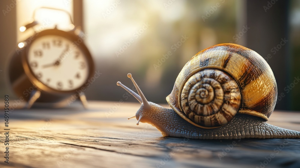 Obraz premium Slow and steady wins the race. A snail crawls across a wooden surface, with an alarm clock in the background, symbolizing slow progress