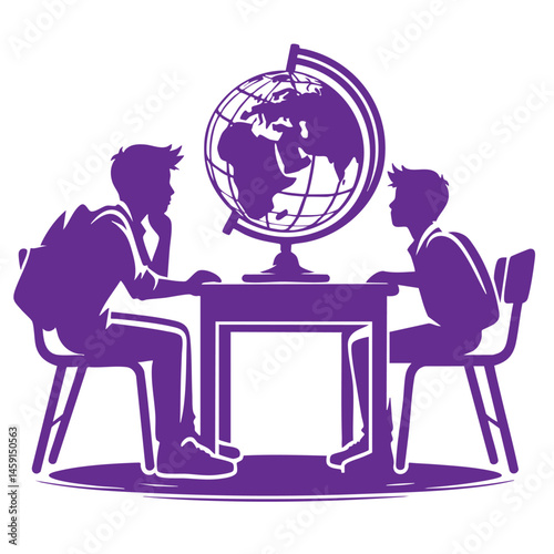 Two Students Studying the World: A Black and White Illustration of Education and Exploration
