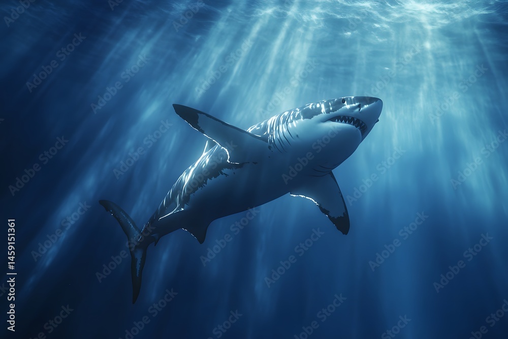 Fototapeta premium Majestic underwater shot of a great white shark swimming through sunlit ocean waters