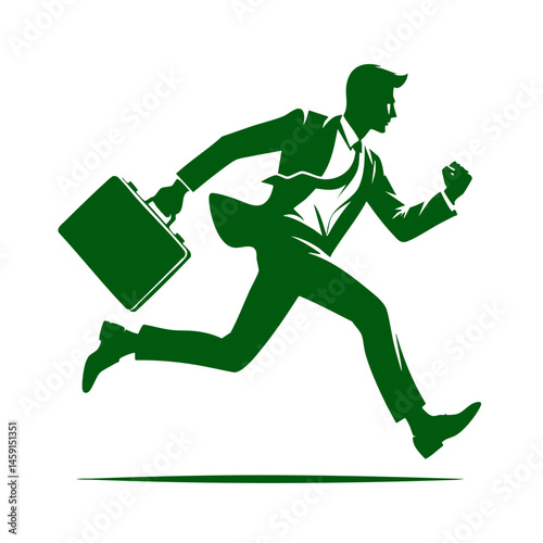 A businessman in a suit runs with a briefcase, symbolizing ambition, success, and the fast-paced corporate world.