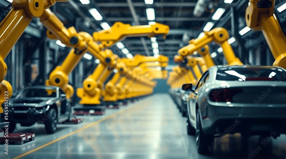 Futuristic car manufacturing plant, robotic arms assembly line, advanced automation, industrial machinery, yellow robotic arms, car chassis, high-tech factory floor, precision engineering, automotive Futuristic car manufacturing plant, robotic arms assembly line, advanced automation, industrial machinery, yellow robotic arms, car chassis, high-tech factory floor, precision engineering, automotive
