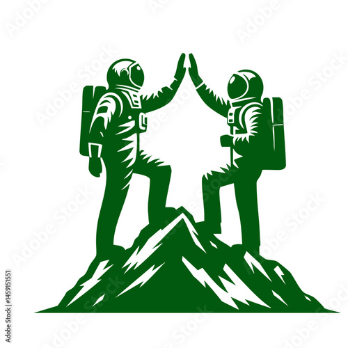 Astronauts High Five on Mountain Peak: Teamwork, Adventure, and Reaching the Summit