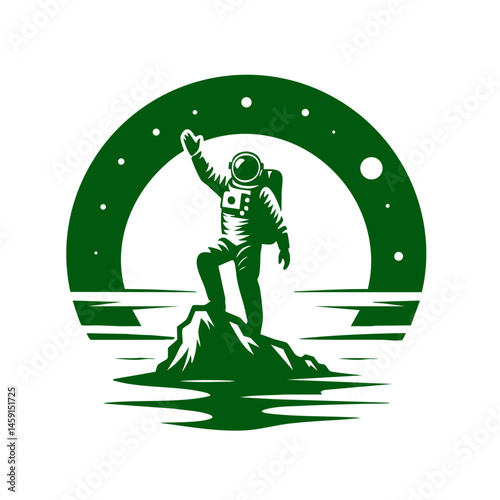 Astronaut on a rock, gazing at the moon and stars. A symbol of space exploration, dreams, and the mysteries of the cosmos.