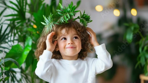 Wallpaper Mural A joyful child wearing a crown of leaves indoors, surrounded by lush green plants. Torontodigital.ca